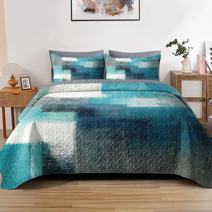 Classic Quilt Set Twin Size Turquoise Grey Painting 2 Pcs Soft Bed Cover Bedding Set for Kids and Adults Teal Contemporary Gray Lightweight Bedspread Coverlet with Pillow Sham for All Season Carefully Designed