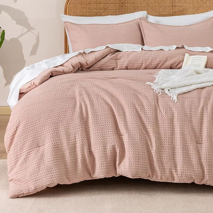 Detailed PHF Soft Waffle Comforter Set Queen Size- Comfy Breathable Waffle Weave Comforter with 2 Pillow Shams 3 Pieces Less Snagging Lightweight Textured Bedding Set for All Season Rose Pink Powerful