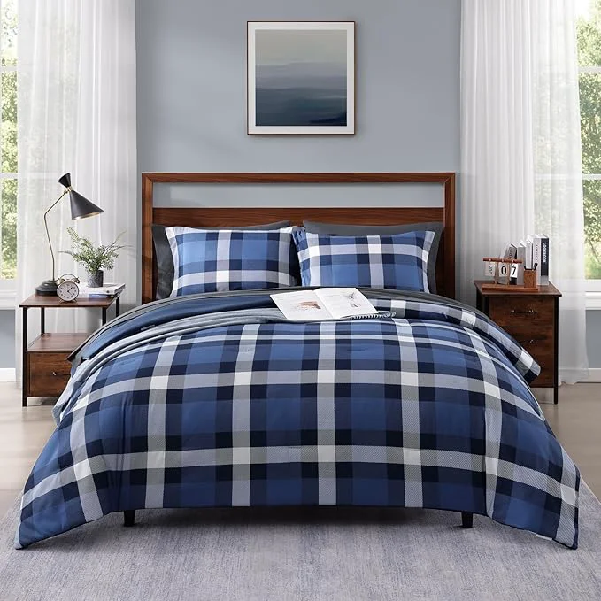 Fast MaiRêve Twin XL Plaid Comforter Set Indigo Blue Classic Checkered 5 Pieces Bedding Set for Boys Girls Teen All Season Lightweight Bed in A Bag with Sheets Pillowcases amp Shams Optimized