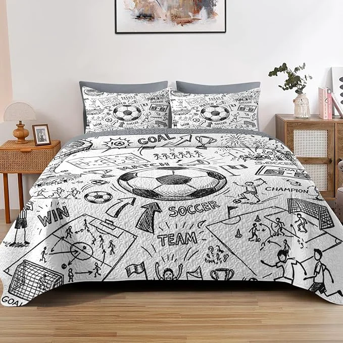 Elite Quilt Set Full Queen Size Game Soccer Painting 3 Pcs Soft Bed Cover Bedding Set for Kids and Adults Football Ball Cup Sport Lightweight Bedspread Coverlet with Pillow Sham for All Season Expertly Made
