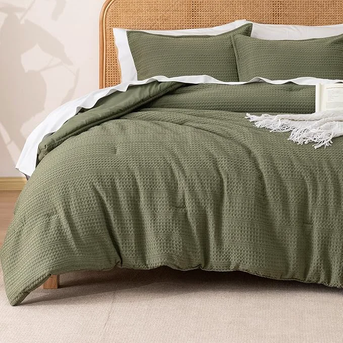 Elite PHF Soft Waffle Comforter Set King Size- Comfy Breathable Waffle Weave Comforter with 2 Pillow Shams 3 Pieces Less Snagging Lightweight Textured Bedding Set for All Season Olive Green Original Design