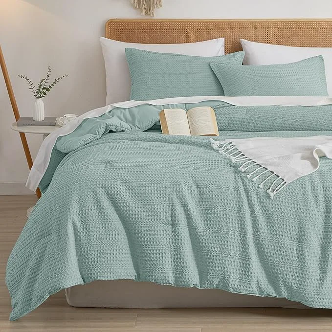 Expertly Made PHF Soft Waffle Comforter Set King Size- Comfy Breathable Waffle Weave Comforter with 2 Pillow Shams 3 Pieces Less Snagging Lightweight Textured Bedding Set for All Season Aqua Exceptional