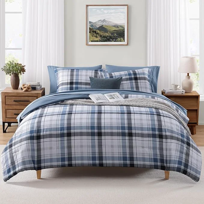 Safe MaiRêve Full Size Plaid Comforter Set Lake Blue Classic 7 Pieces Farmhouse Bedding Set All Season Lightweight Bed in A Bag with Sheets Pillowcases amp Shams Innovative