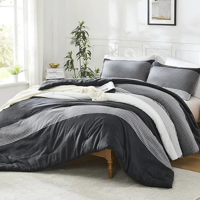 Authentic Litanika Oversized Queen Comforter Set Black White Grey 98×98-3 Pieces Lightweight Colorblock Stripe Fluffy Bedding Comforter Sets All Season Bed Set Next-Generation