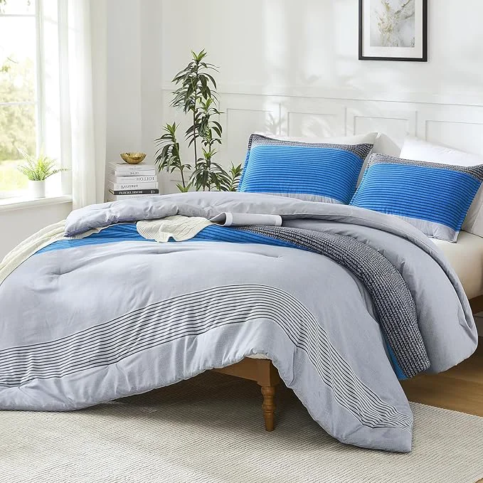 Unique Litanika Bed Comforter Full Set Grey Blue Striped Bedding Set 3 Pieces Lightweight Soft All Season Down Comforter and 2 Pillowcases Functional