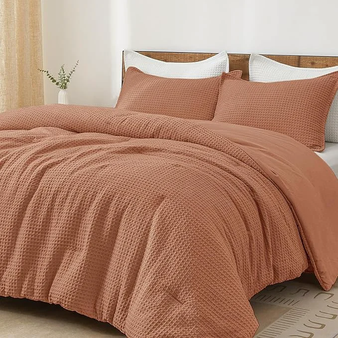 Relaxed PHF Ultra Soft Waffle Weave Comforter Set King Size 3 Pieces Lightweight Breathable Comfy Bedding Set Comfy Textured 1 Comforter with 2 Pillow Shams Terra Cotta Fine Crafted