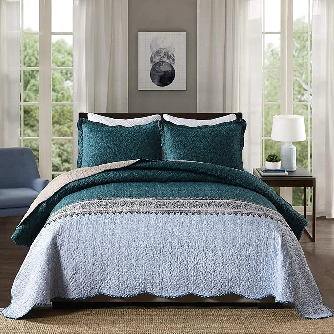 Specialty Travan 3-Piece Queen Quilt Set Quilted Bedspread Oversized Microfiber Soft Lightweight Bedding Set with Shams for All Season Blue Ocean Queen Size Carefully Designed