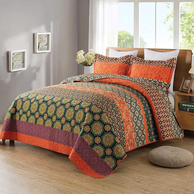 Authentic Travan Boho Stripe Quilt Sets Floral Printed Reversible Soft Bohemian Bedding Set with Shams for All Season Orange Red Stripe King Size Fine