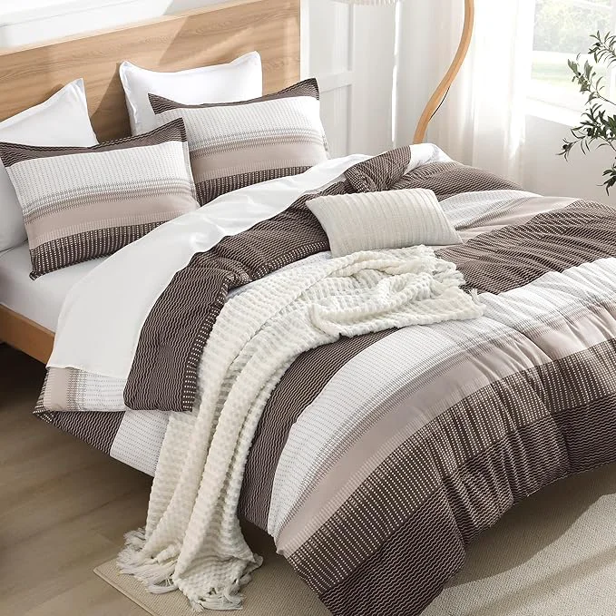 Detailed Litanika Comforter Set Queen Size Chocolate – 3 Pieces Lightweight Colorblock Stripe Fluffy Bedding Comforter Sets All Season Bed Set Traditional