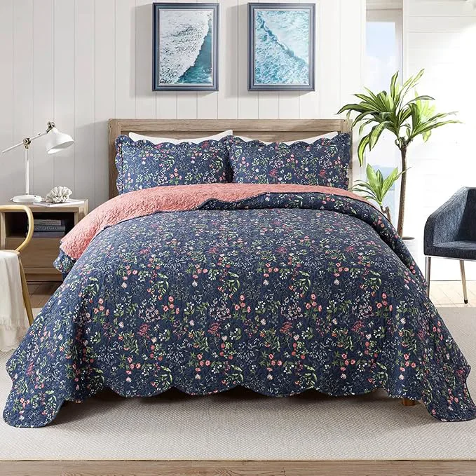 Environmentally Friendly Travan 3-Piece Quilt Set Quilted Bedspread Lightweight Coverlet Set Garden Style Floral Printed Oversized Quilted Bedding Set for All Season Blue Flower Sea Queen Size Healthy