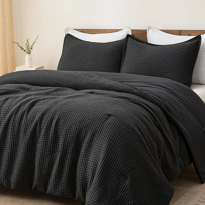 Quality PHF Ultra Soft Waffle Weave Comforter Set Twin Size 2 Pieces Lightweight Breathable Comfy Bedding Set Comfy Textured 1 Comforter with 1 Pillow Shams Black Premium