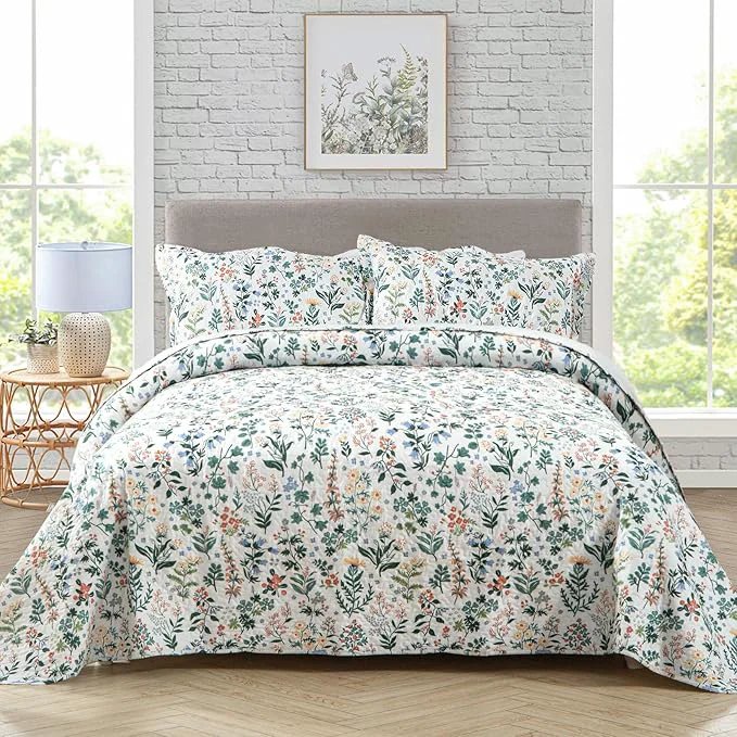 Enhanced Travan 3-Piece Quilt Set Quilted Bedspread Lightweight Coverlet Set Garden Style Floral Printed Oversized Quilted Bedding Set with Shams for All Season Exquisite King Size Outstanding