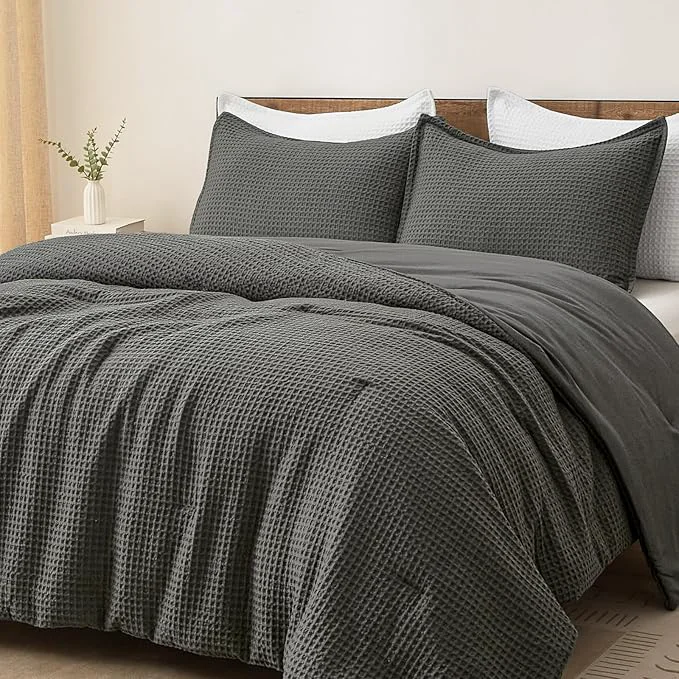 Advanced PHF Ultra Soft Waffle Weave Comforter Set California King Size 3 Pieces Lightweight Breathable Comfy Bedding Set Comfy Textured 1 Comforter with 2 Pillow Shams Grey Detailed