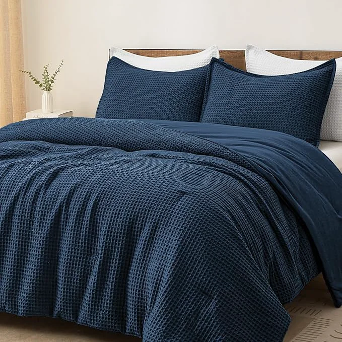 Trusted PHF Ultra Soft Waffle Weave Comforter Set Queen Size 3 Pieces Lightweight Breathable Comfy Bedding Set Comfy Textured 1 Comforter with 2 Pillow Shams Navy Blue Specialty