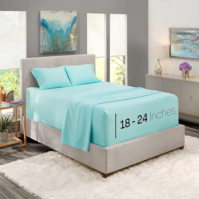 Contemporary Nestl Queen Size Sheet Set 4 Piece Extra Deep Pocket 18-24 inches Microfiber Hotel Luxury Soft Breathable Wrinkle- Easy to Care Light Blue Modern