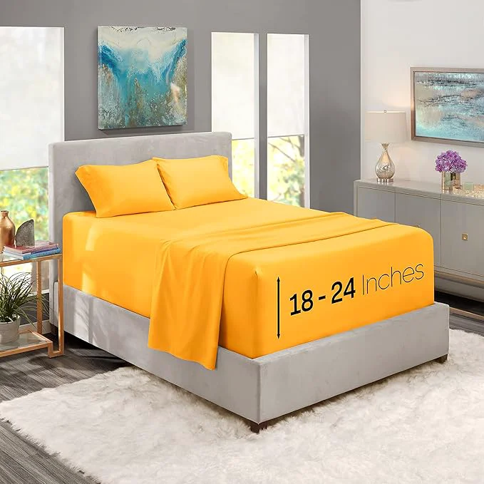 Safe Nestl King Size Sheet Set 4 Piece Extra Deep Pocket 18-24 inches Microfiber Hotel Luxury Soft Breathable Wrinkle- Easy to Care Yellow Recyclable