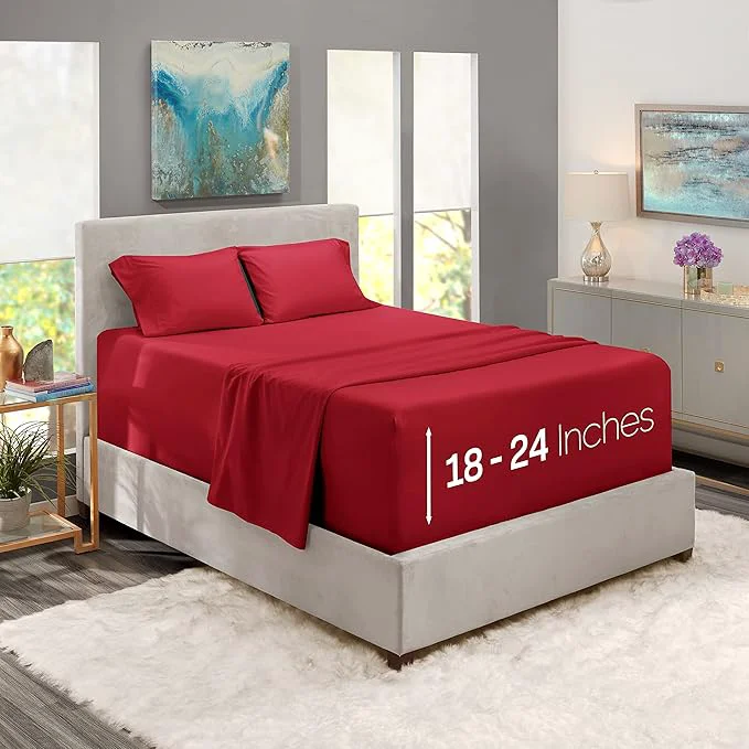 Casual Nestl Twin Size Sheet Set 4 Piece Extra Deep Pocket 18-24 inches Microfiber Hotel Luxury Soft Breathable Wrinkle- Easy to Care Burgundy Red Elegant