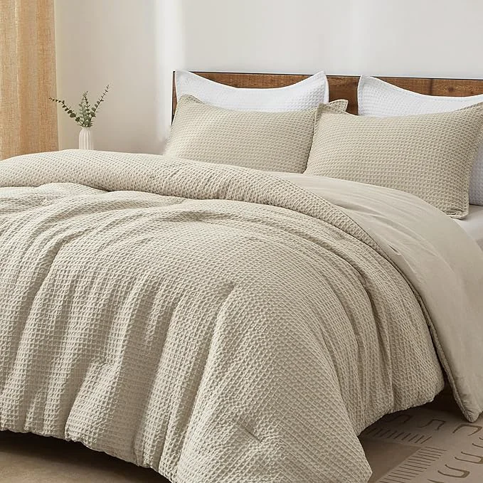 World-Class PHF Ultra Soft Waffle Weave Comforter Set Queen Size 3 Pieces Lightweight Breathable Comfy Bedding Set Comfy Textured 1 Comforter with 2 Pillow Shams Linen User-Friendly