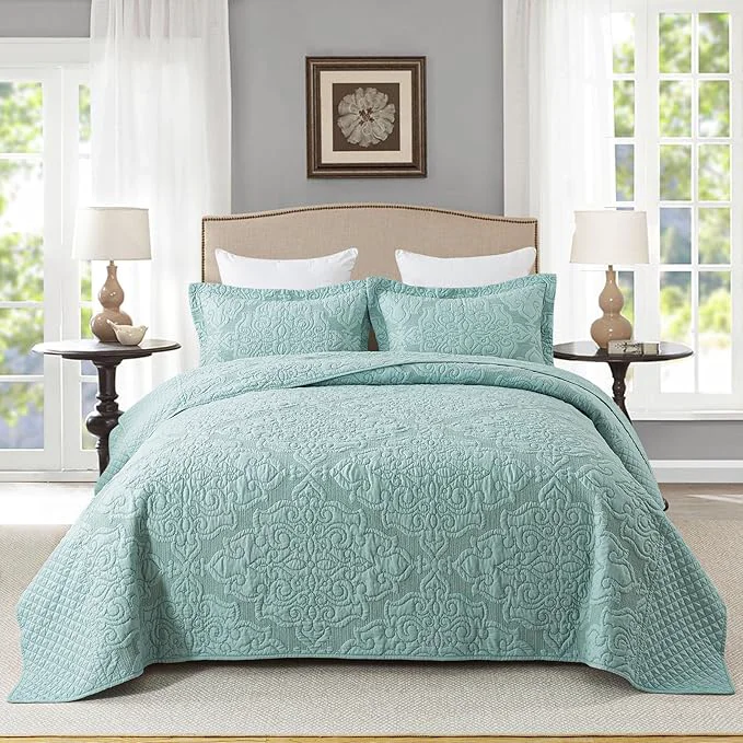 Professional Travan 3-Piece King Quilt Set Quilted Bedspread Oversized Microfiber Lightweight Bedspread Coverlet Set with Shams Bedding Set for All Season Blue King Consistent