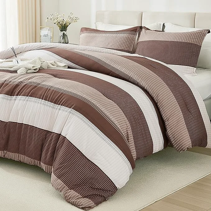 Secure Litanika Brown Comforter Set Queen – 3 Pieces Lightweight Brown White Colorblock Stripe Fluffy Bedding Comforter Sets All Season Bed Set Practical
