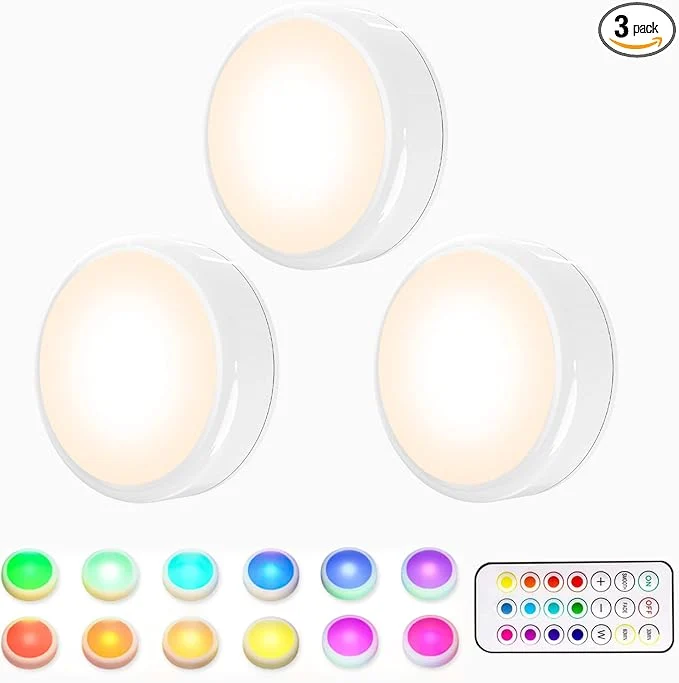 Traditional HELPLEX LED Puck Lights with Remote 3 Pack Color Changing RGBW Stick-On Light Soft