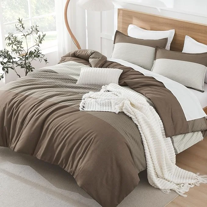 Professional Litanika Comforter Set King Size Coffee – 3 Pieces Lightweight Colorblock Stripe Fluffy Bedding Comforter Sets All Season Bed Set Long-Lasting