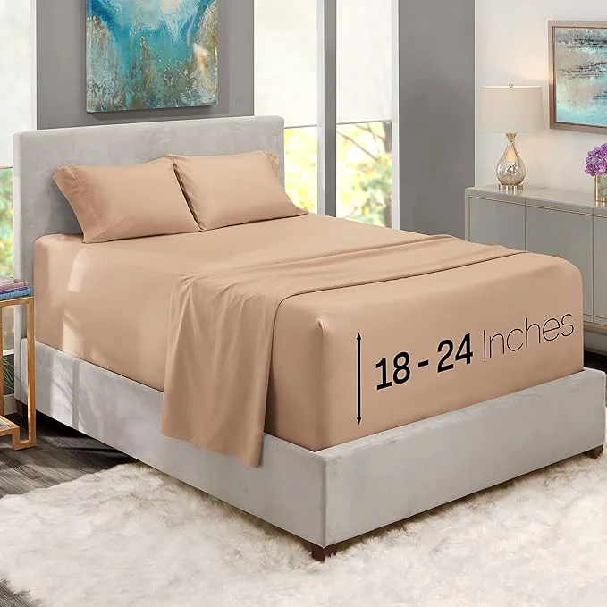 Specialty Nestl Twin Size Sheet Set 4 Piece Extra Deep Pocket 18-24 inches Microfiber Hotel Luxury Soft Breathable Wrinkle- Easy to Care Taupe Convenient
