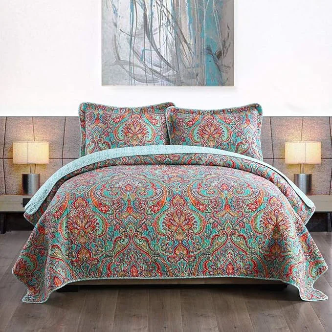 Environmentally Friendly Travan 3-Piece Bedspread Quilt Set Oversized Reversible Quilted Bedding Cotton Coverlet Set with Shams Gorgeous Floral Pattern Twin Size Excellent