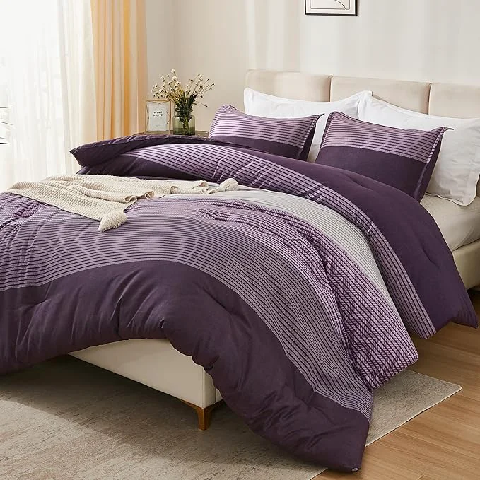Consistent Litanika Purple Queen Comforter Set 3 Pieces Striped Bedding Set Lightweight Soft All Season Down Comforter Set 1 Gray amp Purple Comforter 2 Pillowcases Fashionable
