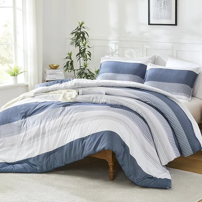 Outstanding Litanika Mineral Blue Comforter Set Oversized Queen – 3 Pieces Lightweight Mineral Blue White Colorblock Stripe Fluffy Bedding Comforter Sets All Season Bed Set Fashionable
