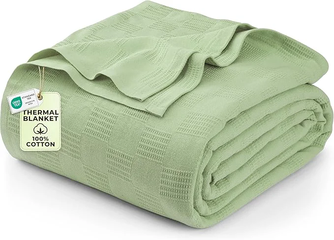 Natural Utopia Bedding Sage Green Cotton Blanket Queen Size – 90×90 Inch Lightweight Soft and Breathable Thermal Blanket for All Seasons Luxury
