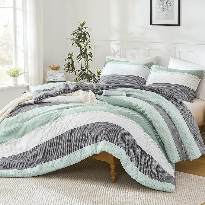 Enhanced Litanika Oversized King Comforter Set Sage Green 128×120-3 Pieces Lightweight Green White Colorblock Stripe Fluffy Bedding Comforter Sets All Season Bed Set Versatile