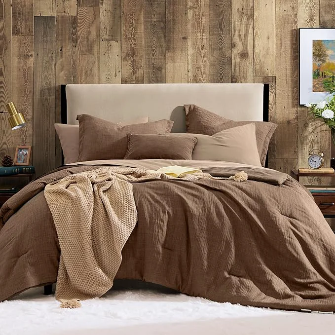 Detailed Geniospin King Size Comforter Set – 7 Pieces Brown Comforter King Size Soft Solid Bedding Set for All Season Textured Bed in a Bag with Sheets Pillowcases amp Shams Specialty