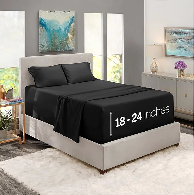 Sustainable Nestl King Size Sheet Set 4 Piece Extra Deep Pocket 18-24 inches Microfiber Hotel Luxury Soft Breathable Wrinkle- Easy to Care Black Outstanding