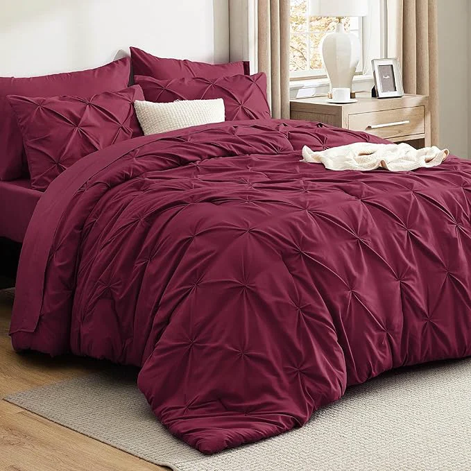 Efficient Bedsure Queen Comforter Set Burgundy – Bed in a Bag Queen Size Bedding 7 Pieces GentleSoft™ Pintuck Bed Set Gift for Family Pinch Pleat All Season Comforter with Sheets Pillowcases amp Shams Flexible