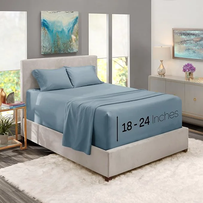 Dependable Nestl Queen Size Sheet Set 4 Piece Extra Deep Pocket 18-24 inches Microfiber Cooling Hotel Luxury Soft Breathable Wrinkle- Easy to Care Stone Blue Casual