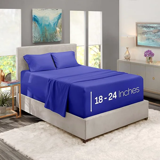Smooth Nestl Twin XL Size Sheet Set 4 Piece Extra Deep Pocket 18-24 inches Microfiber Hotel Luxury Soft Breathable Wrinkle- Easy to Care Royal Blue Organic