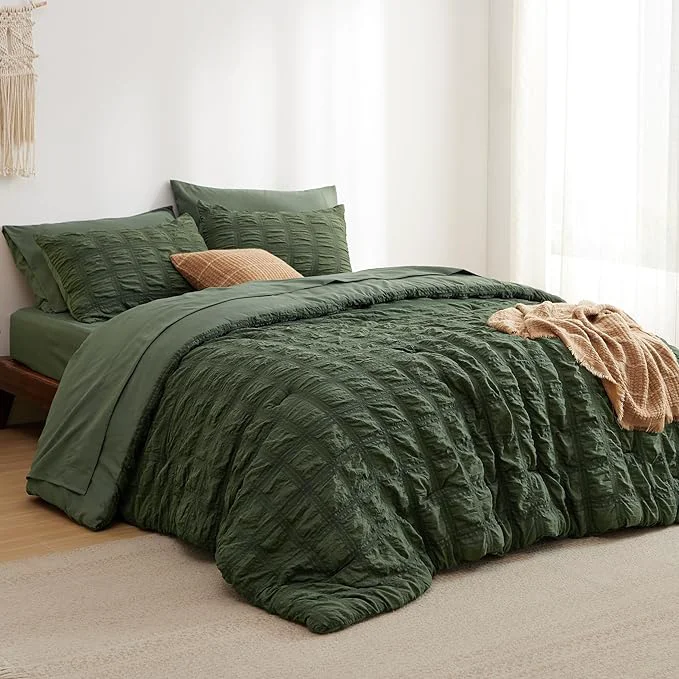Fine Bedsure Bed in a Bag Queen – 7 Pieces Plaid Seersucker Bedding Comforter Sets Soft Lightweight Olive Green Boho Bed Set with Comforters Queen Size Sheets Pillowcases amp Shams Expertly Made