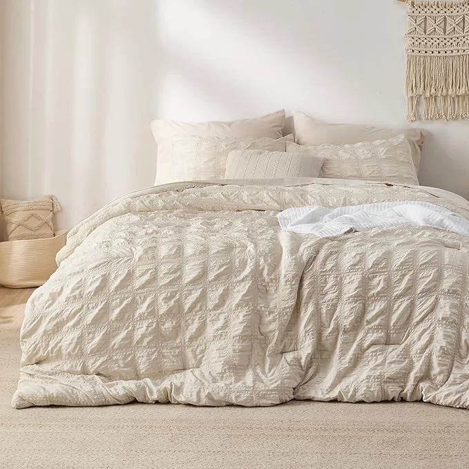 Fast Bedsure Bed in a Bag King – 7 Pieces Plaid Seersucker Bedding Comforter Sets Soft Lightweight Beige Boho Bed Set with Comforters King Size Sheets Pillowcases amp Shams Healthy