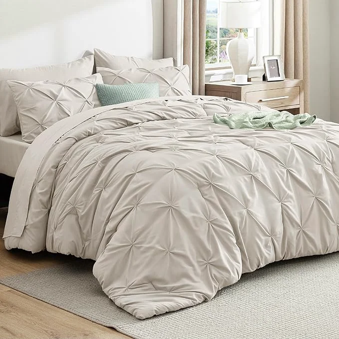 Solid Bedsure Full Comforter Set Linen – Bed in a Bag Full Size Bedding Set 7 Pieces GentleSoft™ Pintuck Bed Set Gift for Family Pinch Pleat All Season Comforter with Sheets Pillowcases amp Shams Natural