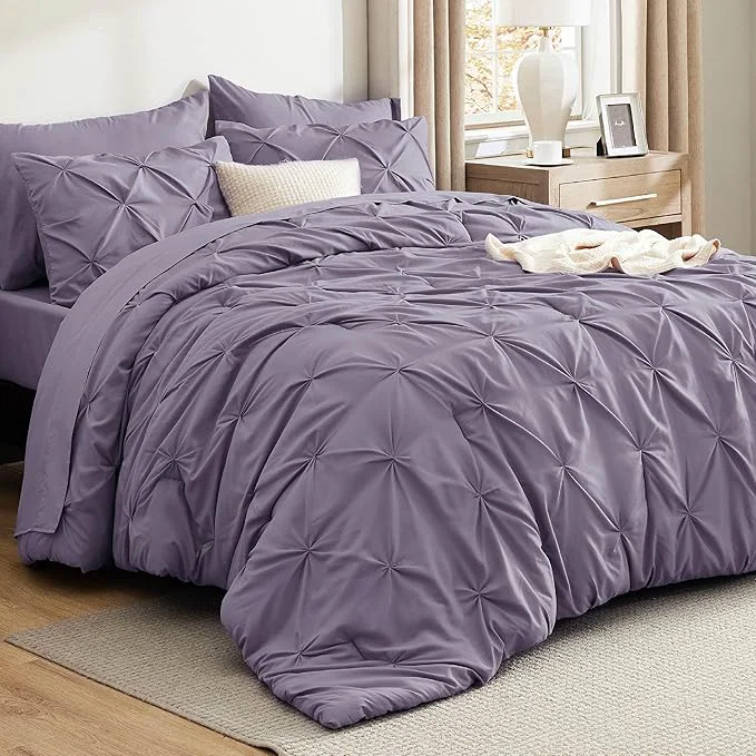 Stylish Bedsure Queen Comforter Set – Bed in a Bag Queen Size Bedding 7 Pieces GentleSoft™ Pintuck Bed Set Gift for Family Pinch Pleat Grayish Purple Comforter with Sheets Pillowcases amp Shams Original Design