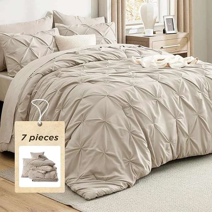 Quality Bedsure King Size Comforter Set Beige – Bed in a Bag Bedding Set 7 Pieces GentleSoft™ Pintuck Bed Set Gift for Family Pinch Pleat Beige Comforter with Sheets Pillowcases amp Shams High-End