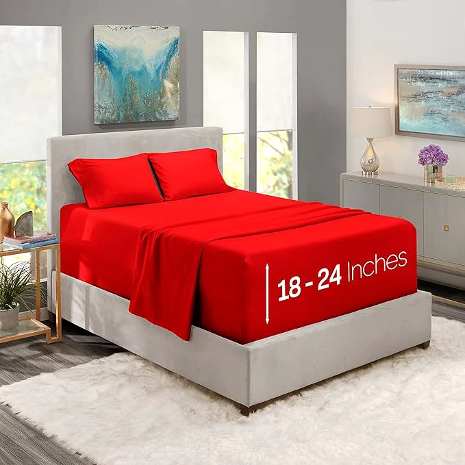 Exceptional Nestl Full Size Sheet Set 4 Piece Extra Deep Pocket 18-24 inches Microfiber Hotel Luxury Soft Breathable Wrinkle- Easy to Care Red Dependable