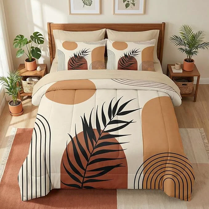 Pure Comforter Set Full Size Boho Mid Century 7 Pcs Bedding for Kids and Adults Sun Orange Leaves Bed Sheet Sets with Fitted Sheet 2 Pillowcase amp 2 Sham for Bedroom Bed Decor Lightweight