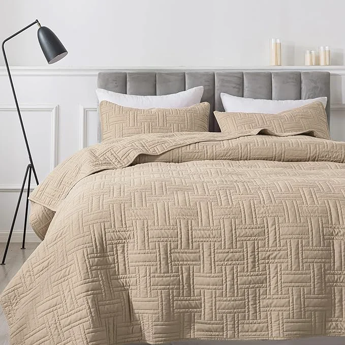 Advanced Beige Quilt Queen Size Bedding Sets with Pillow Shams Cream Tan Lightweight Soft Bedspread Coverlet Basket Weave Quilted Blanket Thin Comforter Bed Cover for All Season 3 Pieces 90×90 inches Recyclable