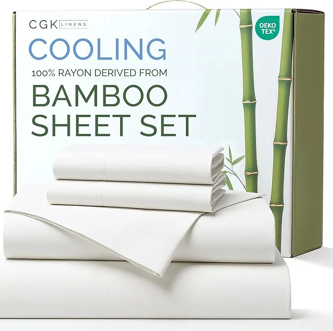 User-Friendly Rayon Derived From Bamboo – Bamboo Sheets Cal King Size – Cooling Sheets for Cal King – Soft Breathable amp Hotel Luxury Bedding – 1 Flat amp 1 Fitted amp 2 Pillowcases w 16 Inch Deep Pockets – White Contemporary