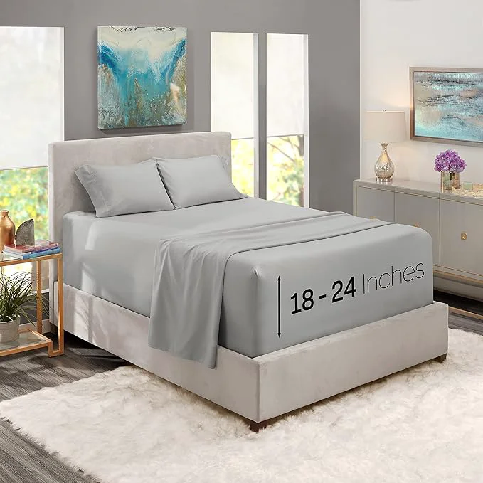 Quality Nestl Full Size Sheet Set 4 Piece Extra Deep Pocket 18-24 inches Microfiber Hotel Luxury Soft Breathable Wrinkle- Easy to Care Light Grey Clean
