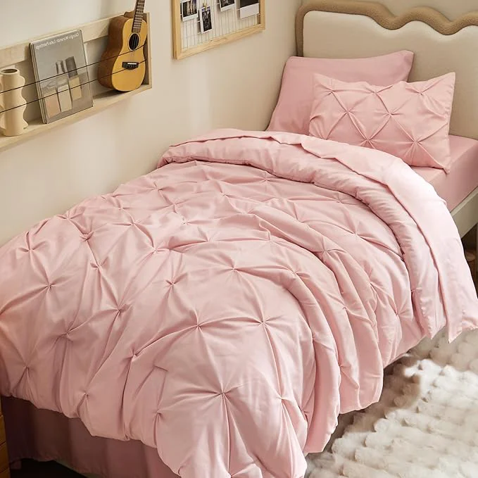 Healthy Bedsure Twin XL Comforter Set – Extra Long 5 Pieces Dorm Bedding Sets Pinch Pleat Pink Bed in a Bag with Comforter Sheets Pillowcase amp Sham Genuine