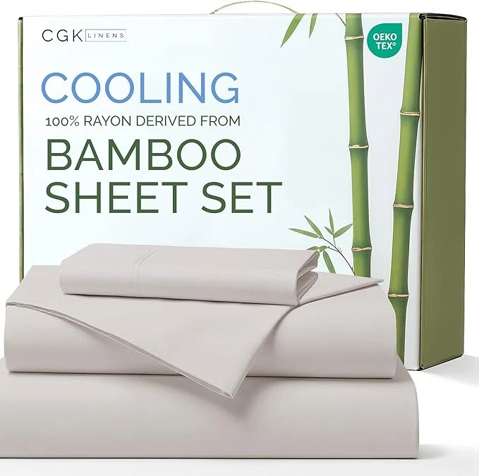 Enhanced Bed Sheets Twin Size – Cooling Sheets for Twin – Rayon Derived from Bamboo – Soft Breathable amp Hotel Luxury Bedding – 1 Flat amp 1 Fitted and 2 Pillowcases w 16 Inch Deep Pockets – Light Grey Premium Material