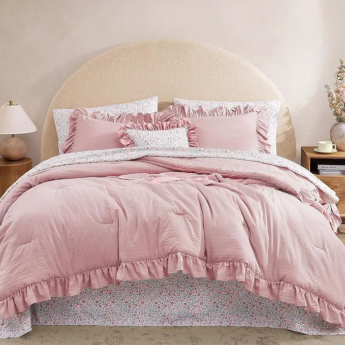 Exceptional Queen Comforter Set – 7 Pieces Ruffle Soft Pink Bedding Sets Shabby Chic Farmhouse Bed in a Bag Queen with Ruffle Comforter Floral Sheets Pillowcases amp Shams Original Design